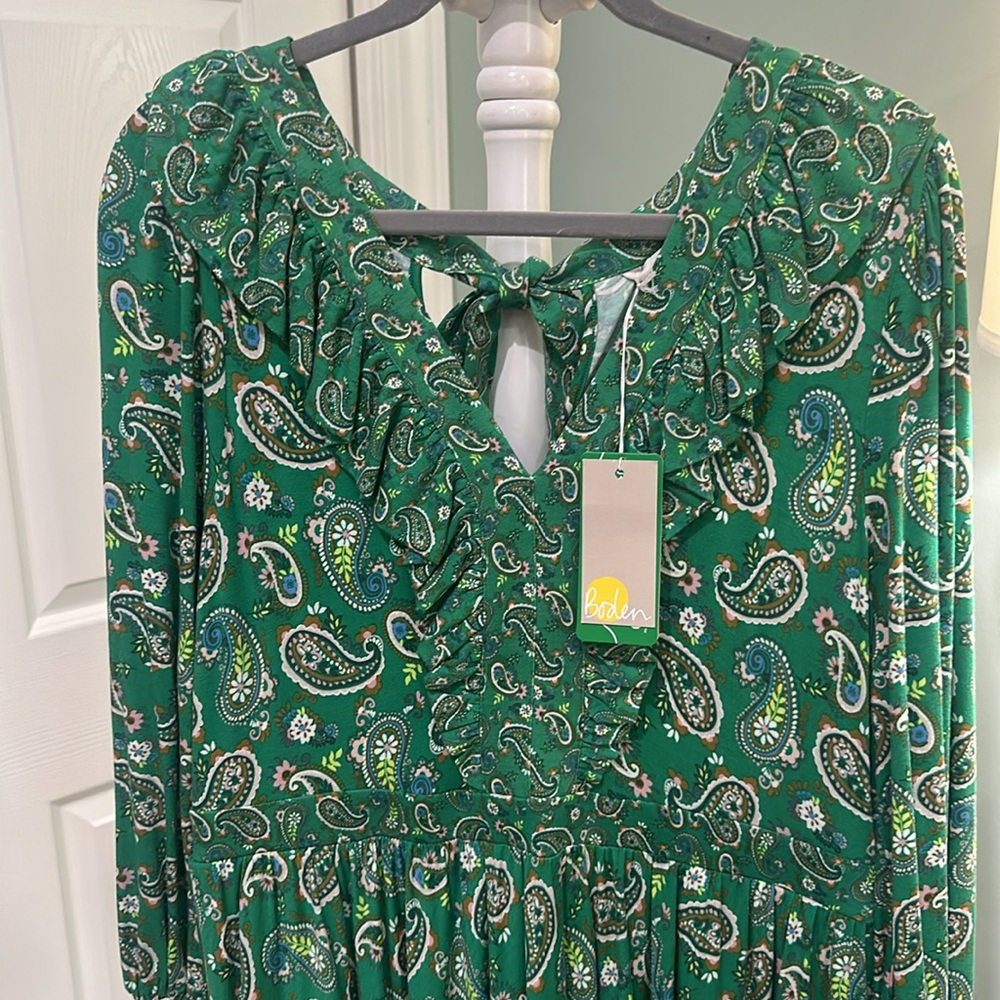 BODEN 14 large XL Gorgeous Green Paisley MAXI Dress Longsleeve - Picture 7 of 16